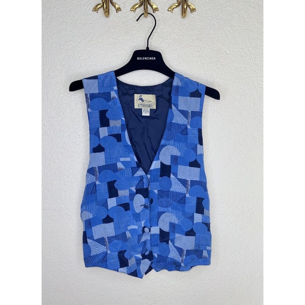 VTG 90s Olympia Blouses 100% Silk Patchwork Print Vest Colorful Art Small T